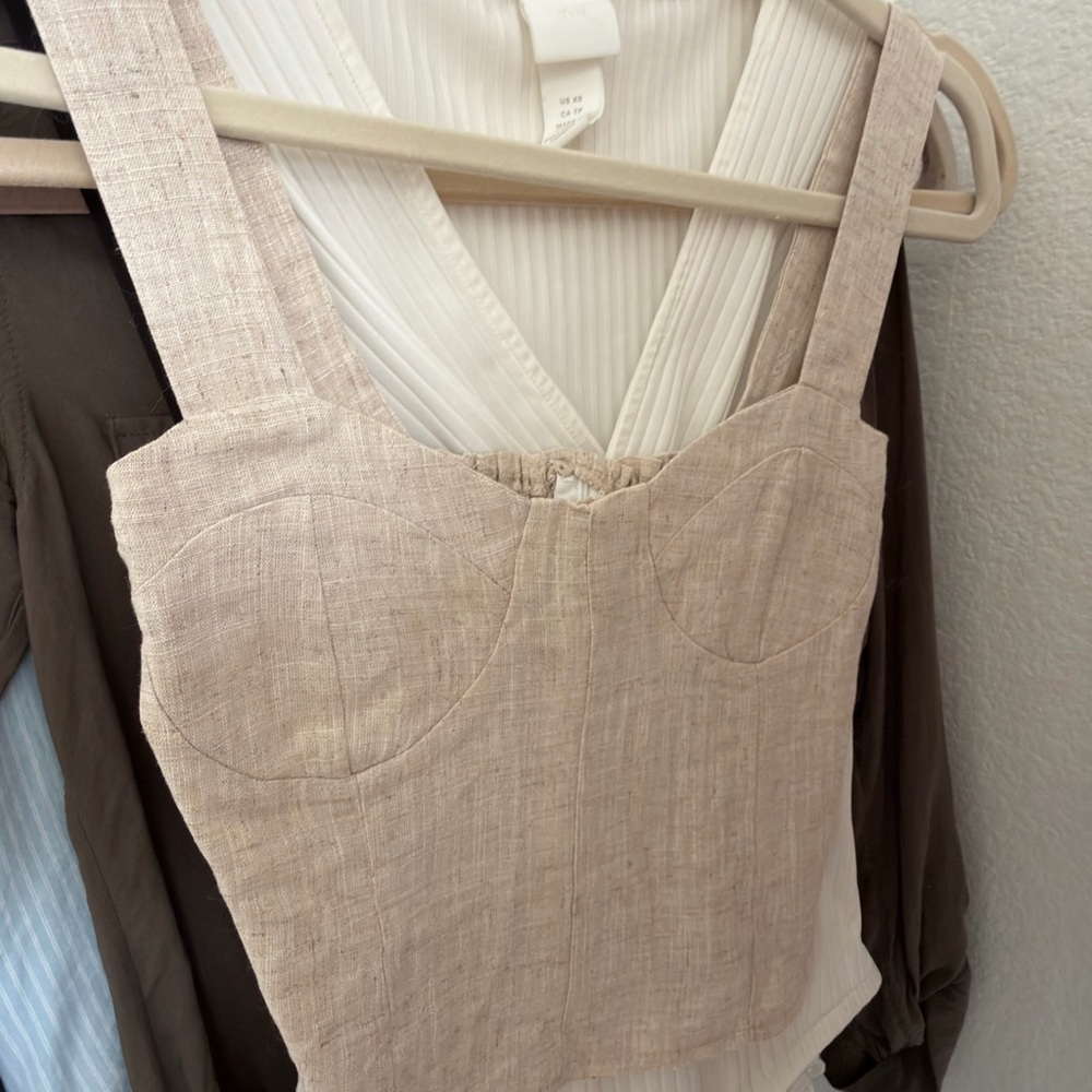 Linen Blend Square Neck Crop Top - Beige